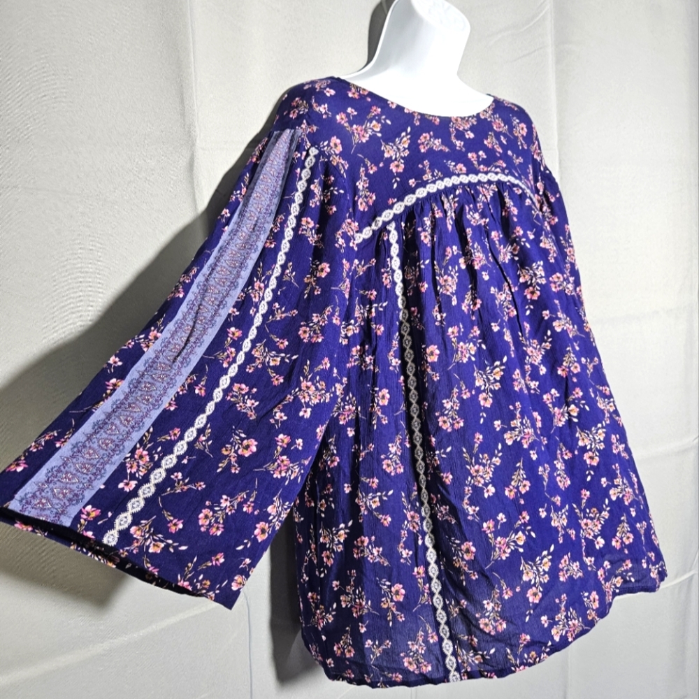 J. Jill Women's Floral Boho 3/4 Sleeve Colorful Blue Soft Comfy Tunic Top NWT L